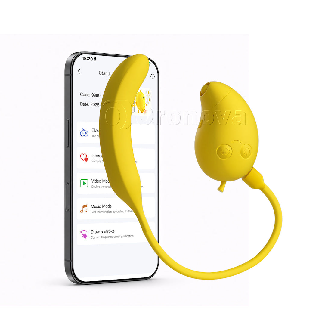 Mango- en bananengeur 2-in-1 Bluetooth-vibrator met dubbele stimulatie, zuigen en tikken