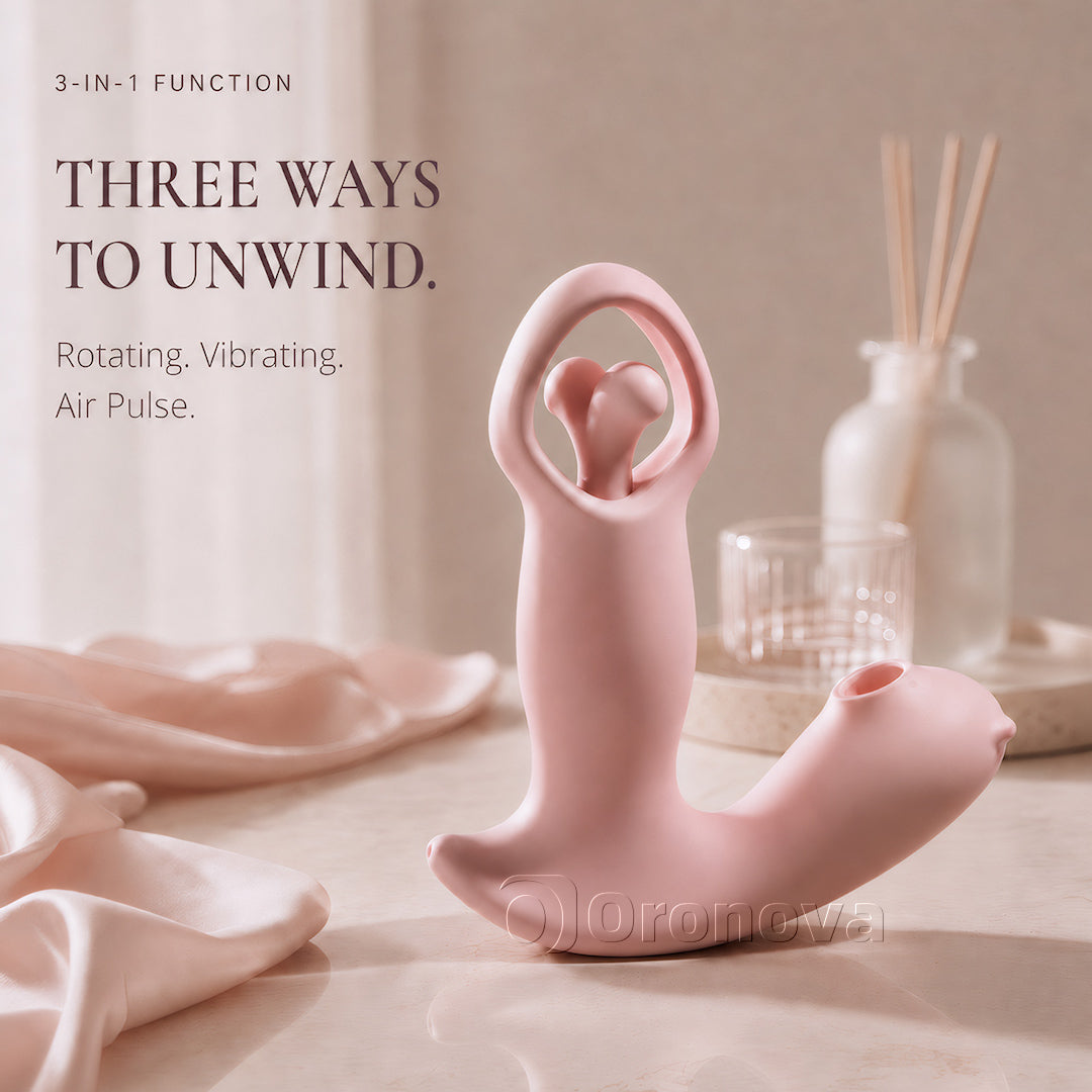 Drie-in-één slimme app-gestuurde roterende vibrator met trillingen, luchtpulsatie en pulsen