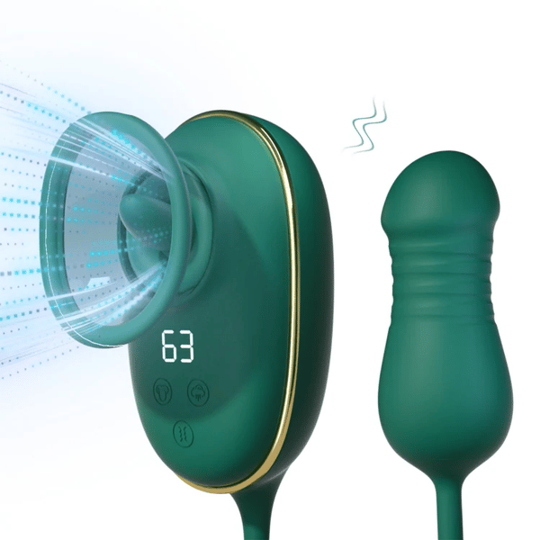 Clitoriszuigende vibrator met likkende en vibrerende tong, met stotende en vibrerende dildo-vibrator